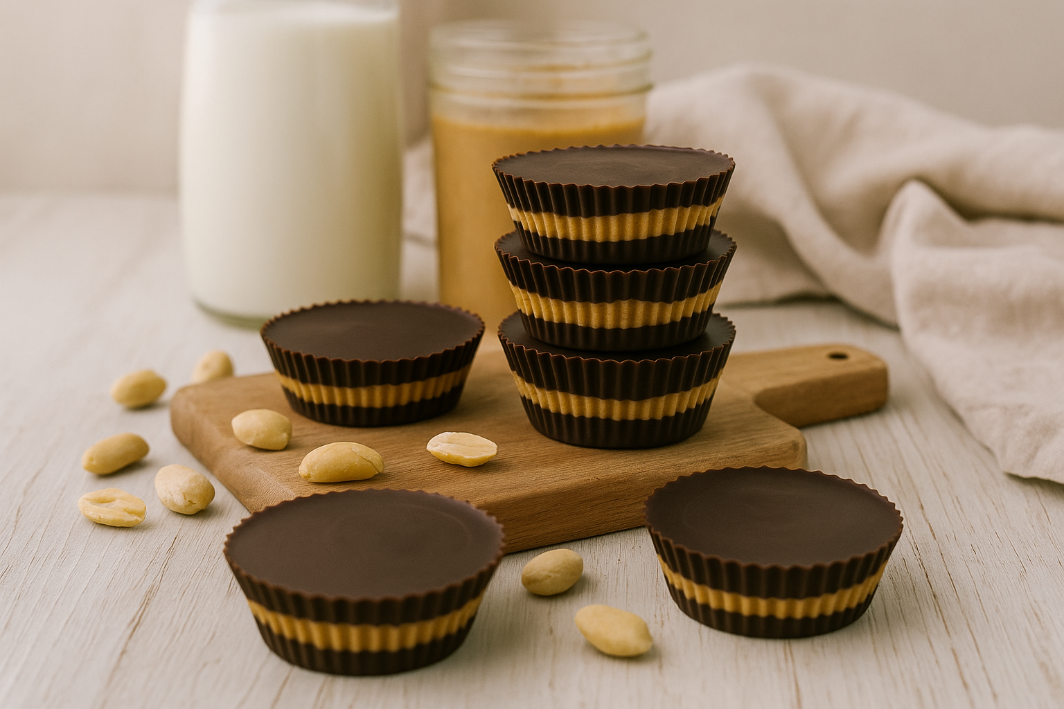 Stacked homemade peanut butter cups with honey-sweetened filling on a wooden board, surrounded by peanuts, milk, and a jar of peanut butter.