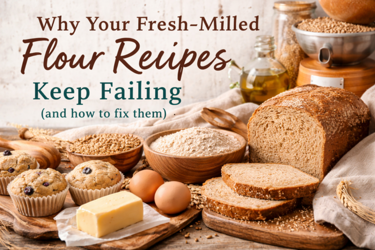 A landscape-oriented photo of a bright farmhouse kitchen featuring whole wheat flour in a wooden bowl, a partially sliced loaf of bread, fresh eggs, scattered wheat grains, and a rustic grain mill in the background. The scene feels warm and inviting, with natural lighting emphasizing homemade, fresh-milled ingredients.