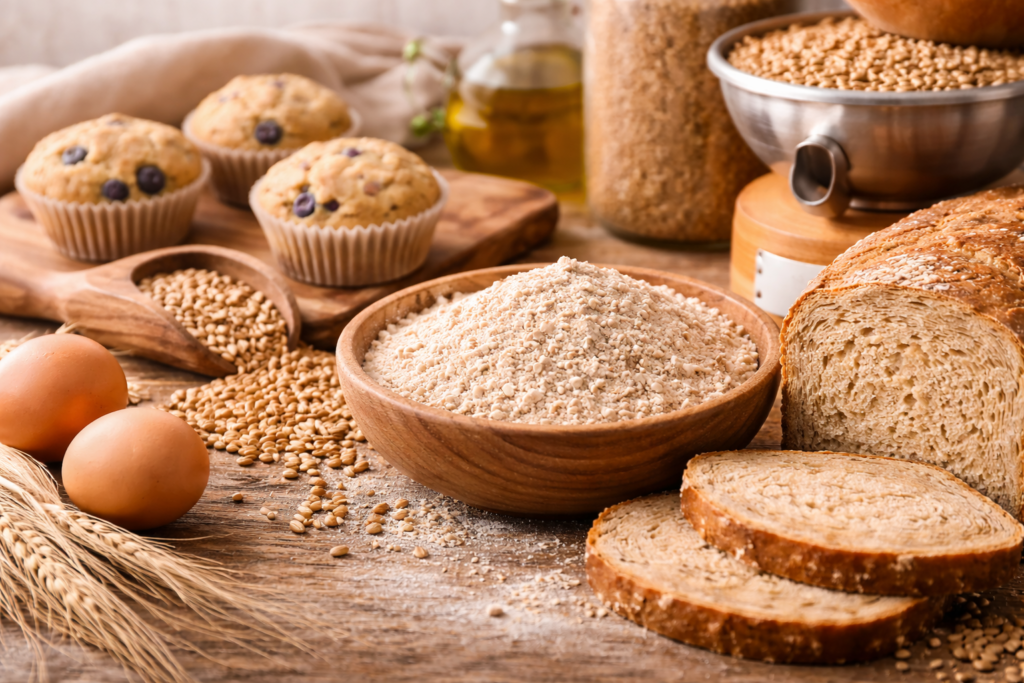 A close-up photo of a wooden bowl filled with coarse, fresh-milled flour surrounded by wheat grains, a sliced loaf of bread, blueberry muffins, brown eggs, and a rustic grain mill, all arranged on a wooden counter with a cozy farmhouse feel.