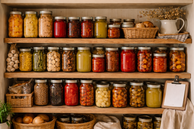 A well-organized pantry featuring rustic wooden shelves lined with rows of home-canned goods in mason jars, including tomatoes, green beans, peaches, and broth. The jars are neatly labeled, and the setting evokes a cozy, farmhouse atmosphere.
