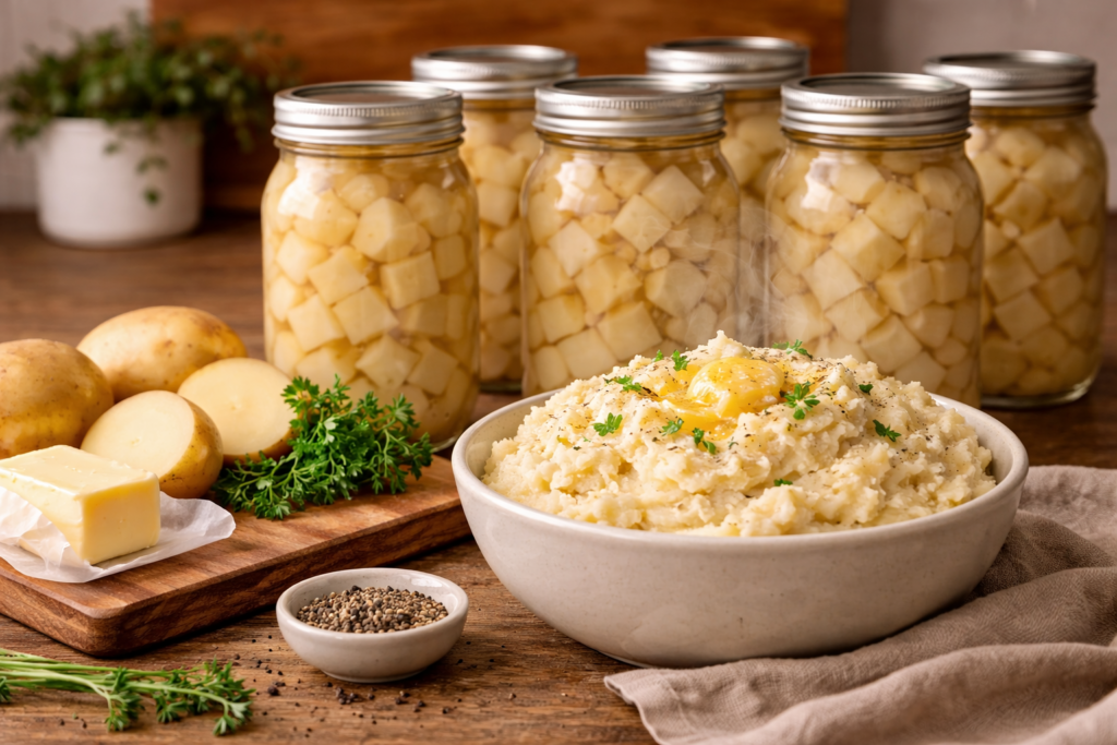 A rustic kitchen scene featuring six mason jars filled with home-canned diced potatoes in clear brine, arranged in the background. In the foreground, a steaming bowl of mashed potatoes topped with melting butter and fresh parsley sits on a wooden table, surrounded by raw potatoes, a slab of butter, pepper, and fresh herbs.